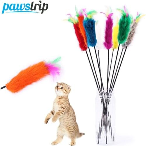 10Pcs/lot Interactive Pet Cat Toys Soft Rabbit Fur Cat Teaser Colorful Feather Cat Stick Toy