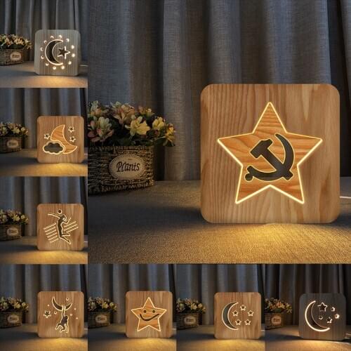 Acecorner LED USB Night Light Wooden Stars Moon Astronomical Cute Lamp Novelty Kid Bedroom 3D Decoration Table Lights Child Gift
