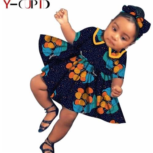 African Clothes for Kids 100% Cotton Lovely Girls Print Dresses Matching Headtie Bazin Riche Children Custom Attire YS204010