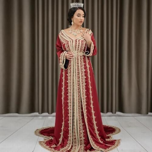 Bbonlinedress Moroccan Caftan Evening Dresses Embroidery Appliques Long Evening Dress Full Sleeve Arabic Muslim Party-Dress