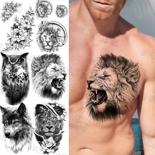 Large Black Lion Temporary Tattoos For Women Men Realistic Owl Timber Wolf Bear Fake Tattoo Sticker Chest Tattoo Sexy Arm 3D