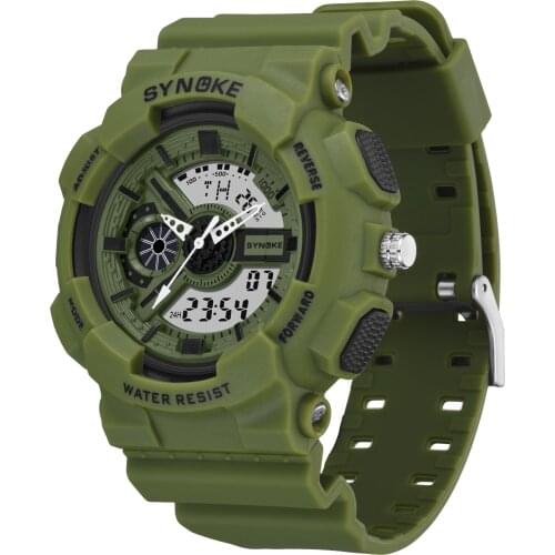 Army Green Men Wrist Watches Luxury Dual Display Military Watch Sports Waterproof Luminous Digital Clock Male 12/24 Hours Mode
