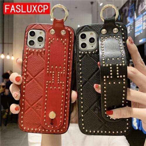 Luxury Genuine Leather Wrist Strap Phone Holder Case for Funda iPhone 12 Pro Mini 11 Max X XR XS 7 8 Plus 6 6S Solid Color Cover