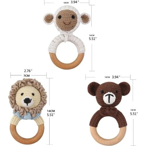 Baby Wooden Teether Ring DIY Crochet Animal Rattle Infant Teething Nursing Soother Molar Toys for Newborn Shower Gifts