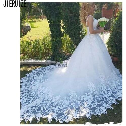 JIERUIZE Princess Wedding Dresses with Long Train Spaghetti Lace Appliques Backless luxury Tulle Bride Dresses robe de mariee