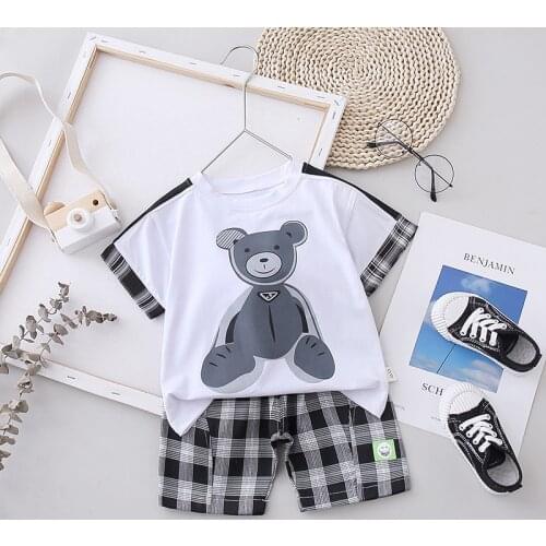 Summer Kids Toddler Boy Clothing Set Cartoon Bear T-Shirt+Lattice Shorts 2pc Cotton Suit Children Clothes Girls Outfit Tracksuit