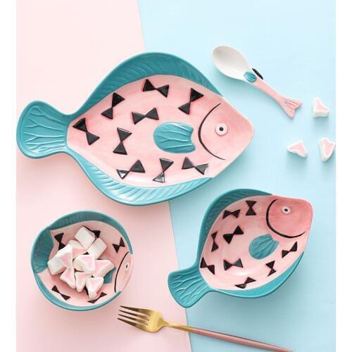 Creative Hand-painted Ceramic Dish Home Kitchen Tableware Fish-shaped Salad Dessert Cake Bowl Plate Spoon Cute Home Fruit Deco