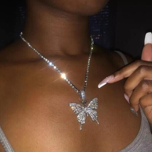 Statement Rhinestone Necklace Charm Butterfly Pendant Choker for Women Tennis Chain Big Butterfly Necklace Choker Bling Jewelry