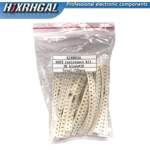 36valuesX20pcs=720pcs 0603 1ohm-10Mohm SMD Resistor Kit Assorted Kit 1% component diy samples kit new and original hjxrhgal