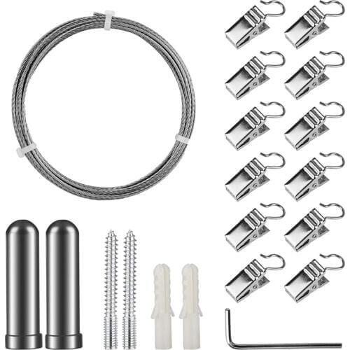 Hot YO-Curtain Drape Wire Rod Set with 12 Clips, Stainless Steel Picture Hanging Wire Clothesline Wire Multi-Purpose Set Hang Ph