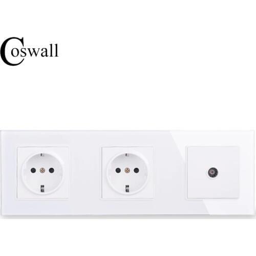 COSWALL Wall Crystal Glass Panel Double Power Socket Grounded 16A EU Electrical Outlet With Female TV Jack