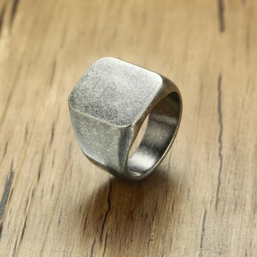 New Mens Stainless Steel Square Antique Silver Color Ring Retro Gray Simple Signet Band