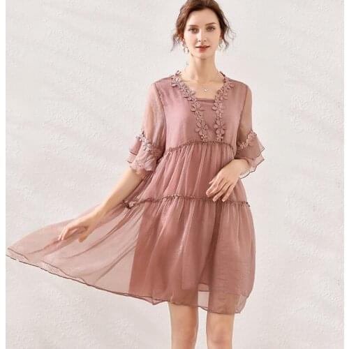 Office lady dresses large size womens summer fashion lace chiffon ruffles Elegant dress short sleeve high waist round neck dress