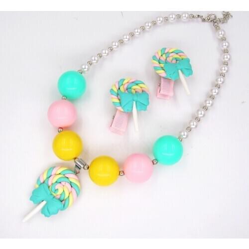 HOT Cute Kids Girl Birthday Gift Bow Lollipop Chunky 8mm Pearl Bubblegum Necklaces Hair Clip Pin Jewelry Set Toy For Child Girls