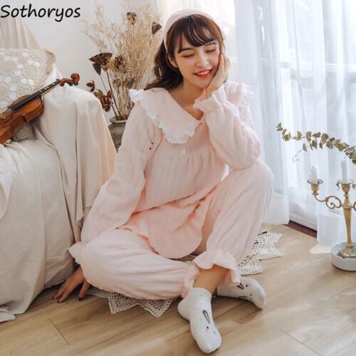 Pajama Sets Women Plus Velvet Thicker Warm Princess Style Sweet Coral Fleece Sleepwear Loose Pyjamas Leisure Comfortable Chic