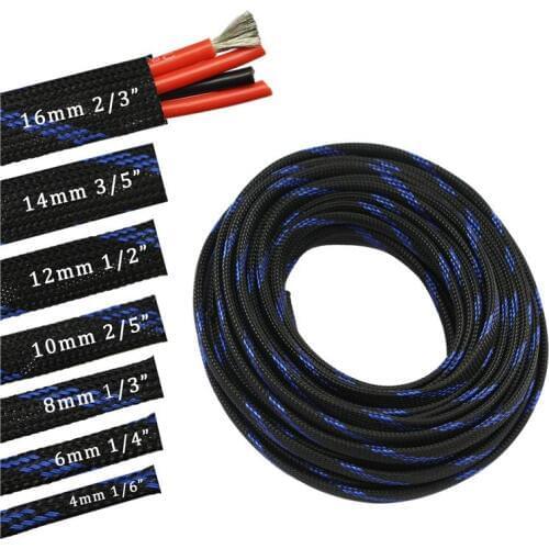 100ft-30m blackblue 4 6 8 10 12 14 16mm Braid PET Expandable Sleeving High Density Plaited Cable Sleeves Fabric Cable DIY