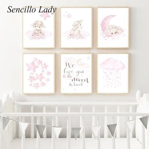Cute Sheep Baby Nursery Canvas Art Poster Moon Star Beige Pink Wall Painting Decorative Print Picture Kawaii Girl Room Decor