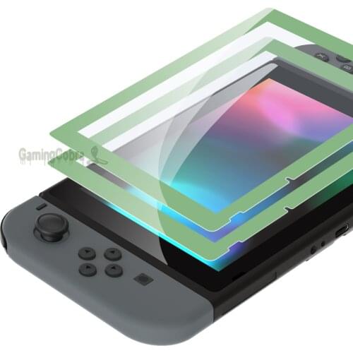 EXtremeRate 2 Pack Matcha Green Border Transparent HD Clear Saver Protector Film Tempered Glass Screen Protector for NS Switch