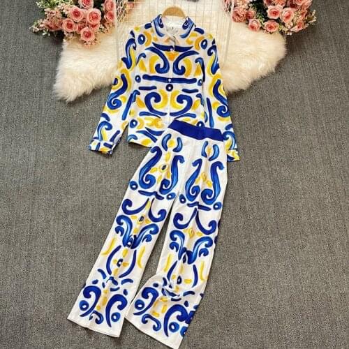 Vintage Pinrt Shirt Top Sets For Women 2021 New Casual Wide Leg Pants Suits Ladies Autumn High Waist Temperament 2 Piece Sets