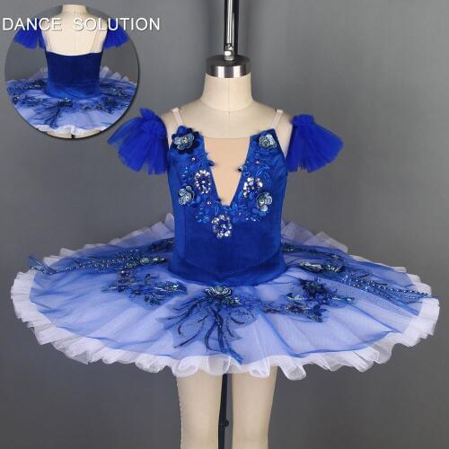 Royal Blue Velvet Stretch Camisole with Flowers Pancake Tutu for Women & Girl Ballerina Dance Competition Costume BLL102