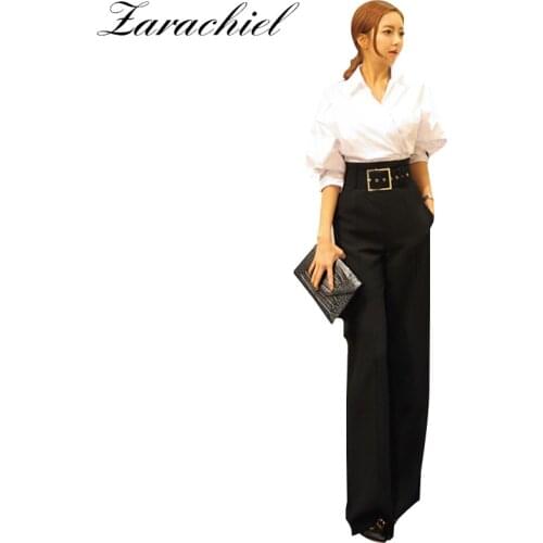 2021 Autumn Womens Suits Fashion Batwing Sleeve Shirt White Blouse Blusas Top+Sashes Wide Leg Pant Suit Two Piece Set