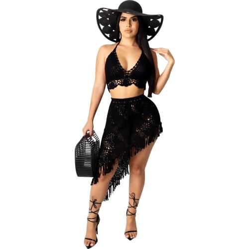RT Women Tassels Knitted Set Halter Crop Top Drawstring Tasse Asymmetrical Skirt Two Piece Crocheted Set Sexy Beach Wear