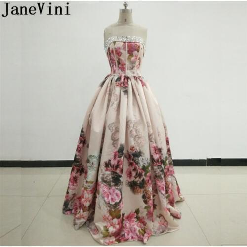 JaneVini Ladies Dubai Floral Print Prom Dress Saudi Arabia Beaded Bridesmaid Dresses Long Flowers Pattern Satin Formal Gown 2018