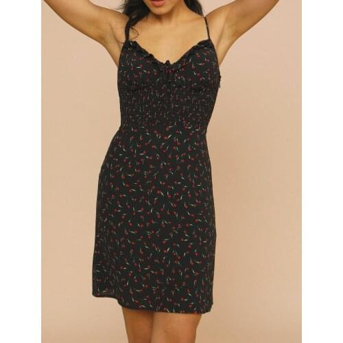 2021 Spring and Summer New Fashion Double V-neck Floral Print Lotus Leaf All-match Slim Sling Dress