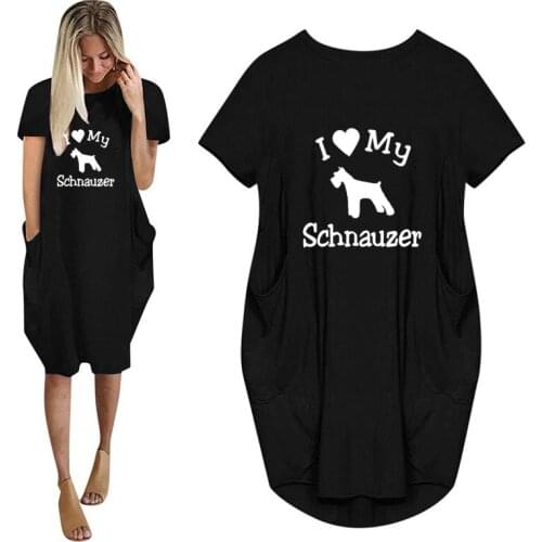 I Love My Dog Schnauzer Pet Print Women Casual Loose Dress With Pocket Ladies Fashion O Neck Long Tops Female T Shirt Dress
