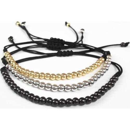 100% Brand Men Bracelets Gold-color 4mm Round Beads Handmade Braiding Macrame Bracelet For Men Best Christmas Gift