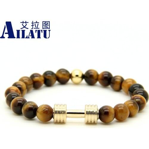 Ailatu Wholesale High Quality Plated Metal New Barbell & 8mm A Grade Tiger eye Stone Fitness Fashion Dumbell Bracelets