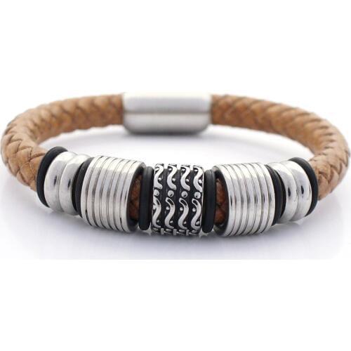 8MM Retro Genuine Leather Bracelet for Men Never Fade Stainless steel Wave Charms Bead Bangles Jewelry with Magnet Clasp