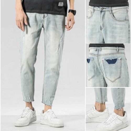 Harlan Jeans Mens Washed Distressed Hole Personalized Casual Trousers Street Fashion Summer Denim Cropped Pants Youth Fashion
