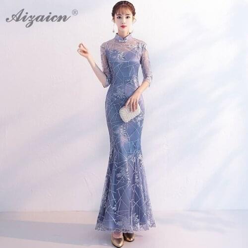 Fashion Evening Gown Gray Cheongsam Long Dresses Modern Party Dress Qipao Chinese Traditional Clothing Qi Pao Women Slim Robe