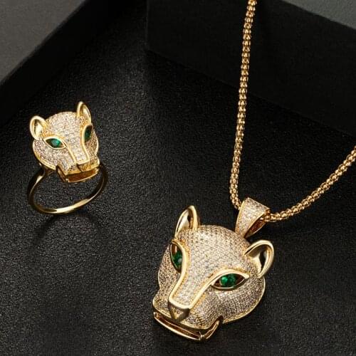 Zlxgirl jewelry Classic leopard shape Gold mens pendant and ring jewelry sets statement women rings with necklace bijoux set