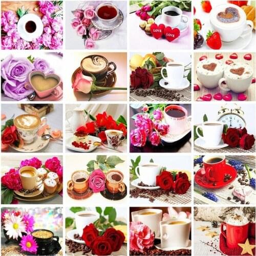Diamond Painting Kits Coffee Cup Full Round With AB Dril Flower Cross Stitch Mosaic Scenery Picture Of Rhinestones Kitchen Decor
