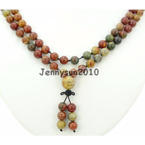 Natural Picasso Ja-sper 8mm Gems Stone Buddhist 108 Beads Prayer Mala Knot Necklace Multi-Purpose 5Strands/Pack