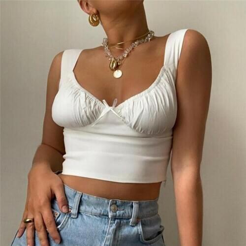 NEW 2020 Women Summer Crop Tops Tanks Summer White Ruched Bow Slim Camis Ladies Wide Strap Tees Skinny Femme Camisole