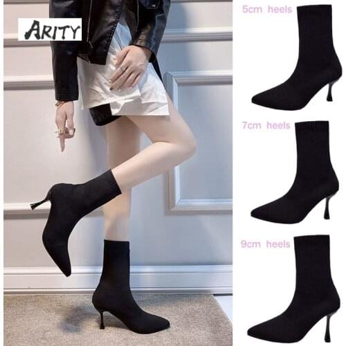 Sexy Pointed Toe Female Sock Boots Womens Autumn Stiletto Knitting Stretch Boots Black Thin High Heels Elastic All-match Shoes