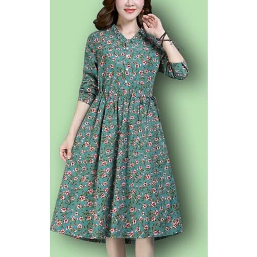 Floral dress long sleeve 2021 spring new style cotton linen pocket waist lapel mother plus size women fashion comfortable dress
