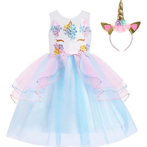 VOGUEON Unicorn Dress Up Clothes Girl Flower Layered Dress Kids Pageant Wedding Ball Gown Children Cosplay Costume with Headband