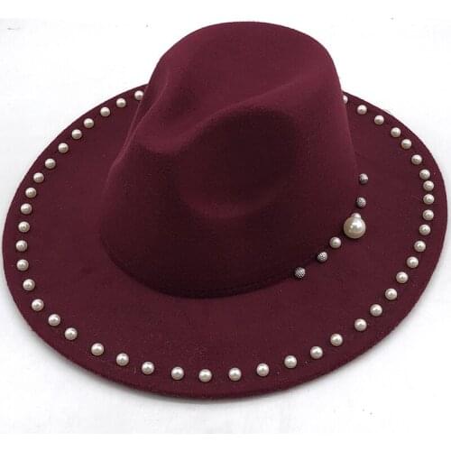 Noble Elegant Women Soild Wide Brim Wool Felt Fedora Hat With Pearl Autumn Winte Vintage Jazz Panama Sombrero Fedora Hat