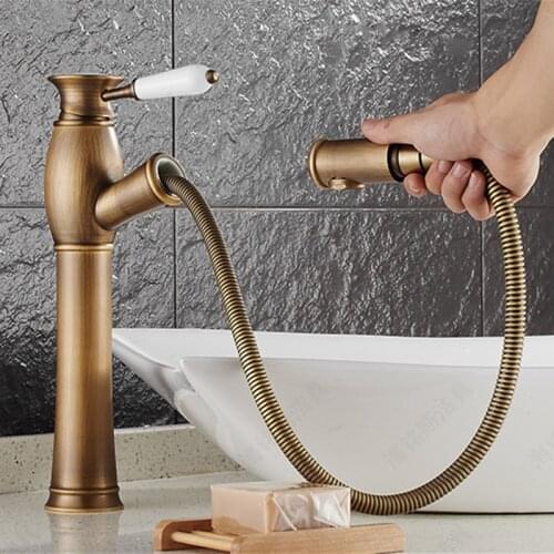 Basin Faucet Antique Bronze Brushed Brass Taps Hot/Cold Deck Mounted Mixer Tap Pull Out Bathroom Faucets Lavatory Mixer Tap