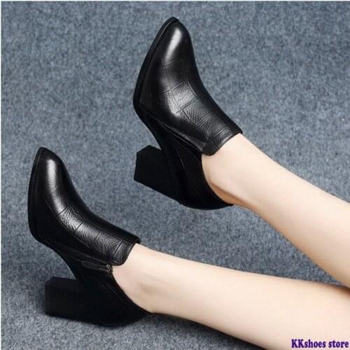 Block Heel Single Shoes Woman High Heels Women Pumps 2020 Spring/Fall Work Shoes Pointed Toe Female Footware Side Zip Black