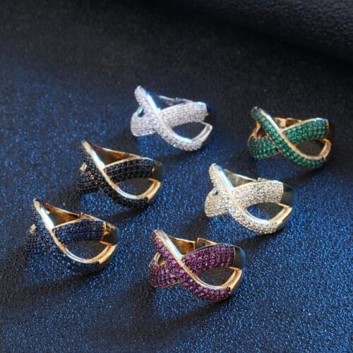 Twisted Cross Design Luxury Colorful Zircon Rings for Women High Quality CZ Gold Color Party Ring for Men