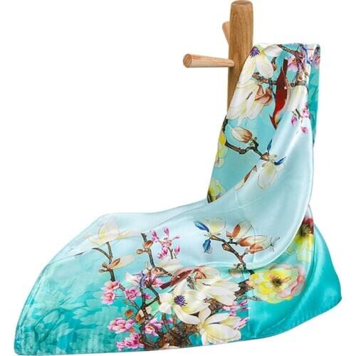 High-quality Pure Silk Scarf Women Bandana Female Hair Scarf Top Womens Natural Silk Square Headband Neck Scarf Flower and Bird