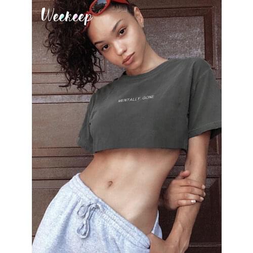 Weekeep Women Cropped Letter Print O-neck t shirt Loose Short Sleeve Streetwear t-shirt 2019 Summer Knitted Tee Shirt Femme Tops