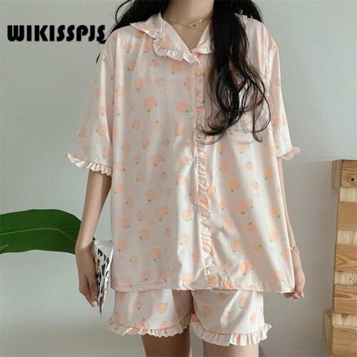 WIKISSPJS 2021 Summer New Korean Lovely Cardigan Two Piece Sweet Thin Home Service Women Pajamas Sleep Tops Lounge Wear