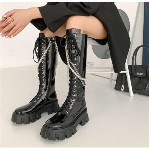 New Full Cow Genuine Leather Motorcycle Boots Women Square High Heels Lace Up Winter Boots Ladies Knight Knee High Boots687