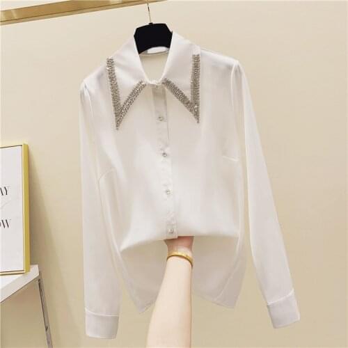 Beaded Chiffon Women Shirts Turn-Down Collar Long-Sleeved Solid Office Lady Elegant Design Outwear Tops